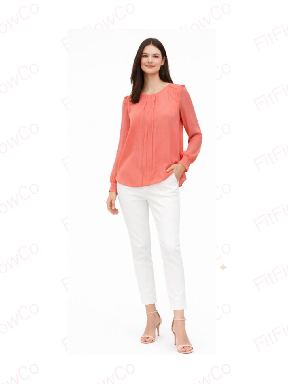 J.Crew 100% Silk Crepe Coral Blouse Size 6 Sheer Long Sleeve Pleated Top